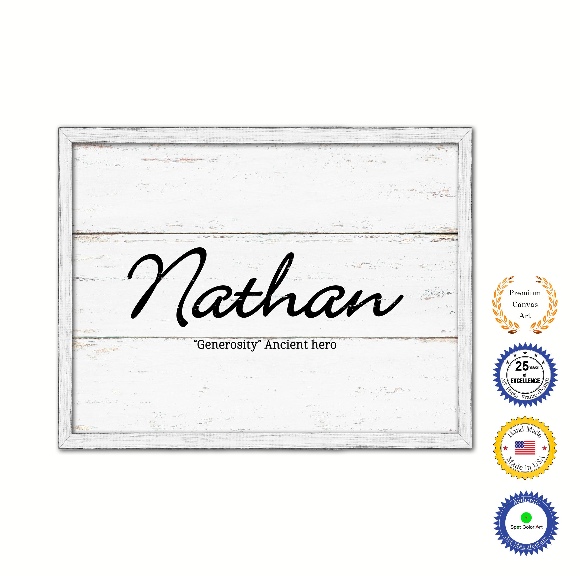 Nathan Name Plate White Wash Wood Frame Canvas Print Boutique Cottage Decor Shabby Chic