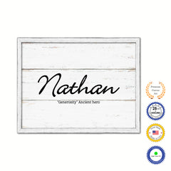 Nathan Name Plate White Wash Wood Frame Canvas Print Boutique Cottage Decor Shabby Chic