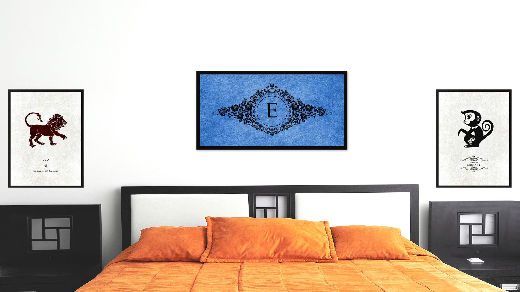 Alphabet Letter E Blue Canvas Print, Black Custom Frame