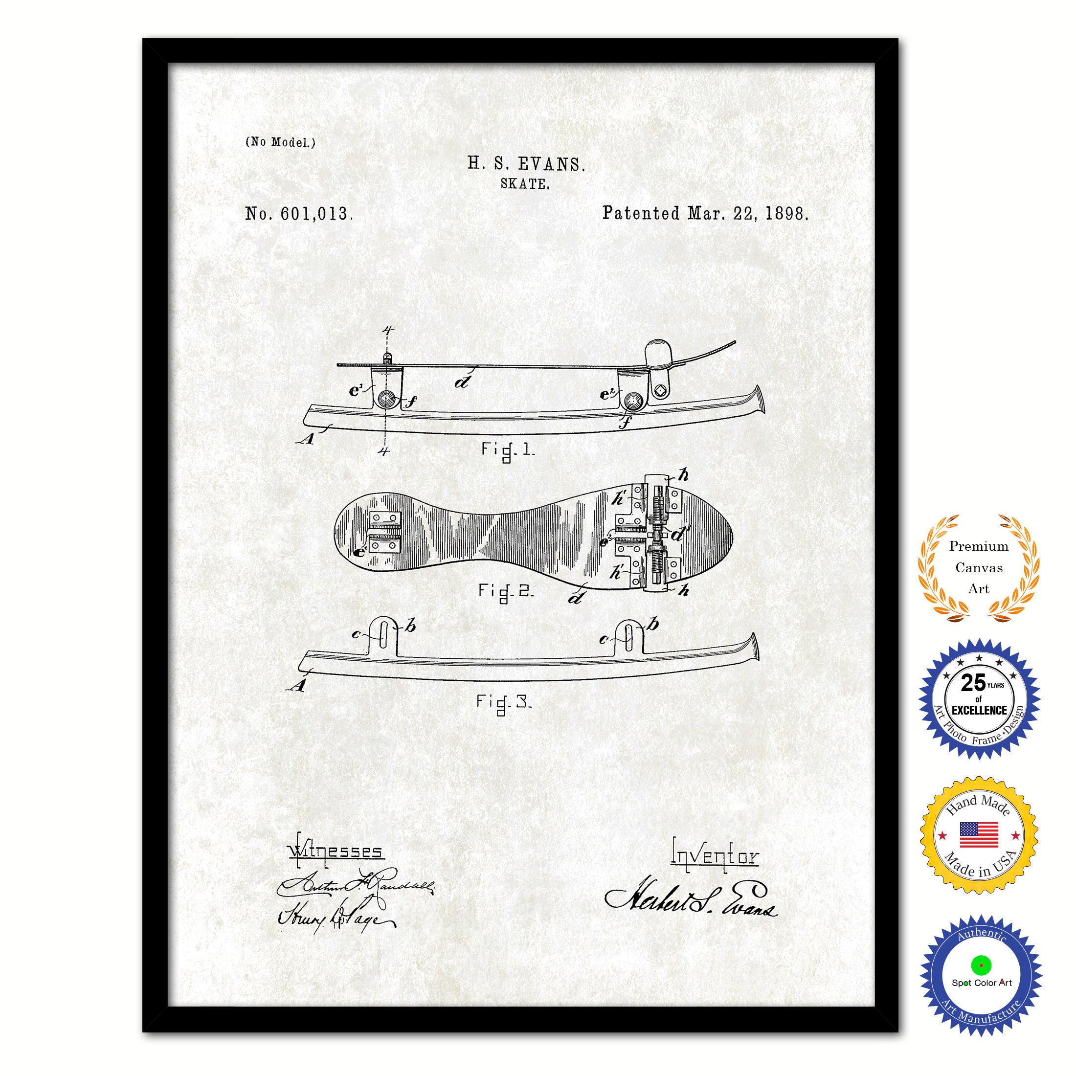 1898 Skate Old Patent Art Print on Canvas Custom Framed Vintage Home Decor Wall Decoration Great for Gifts