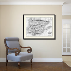 Spain Portugal Vintage B&W Map Canvas Print, Picture Frame Home Decor Wall Art Gift Ideas