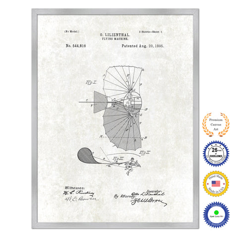 1895 Flying Machine Antique Patent Artwork Silver Framed Canvas Print Home Office Decor Great for Pilot Gift