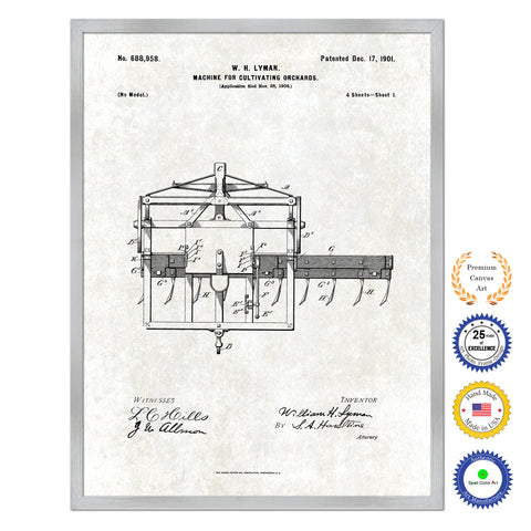1901 Machine for cultivating orchards Old Patent Art Print on Canvas Custom Framed Vintage Home Decor Wall Decoration Great for Gifts