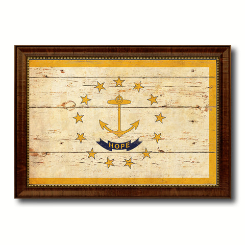 Rhode Island State Vintage Flag Canvas Print with Brown Picture Frame Home Decor Man Cave Wall Art Collectible Decoration Artwork Gifts