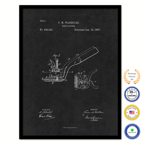1887 Barber Hair Clipper Vintage Patent Artwork Black Framed Canvas Home Office Decor Great Gift for Barber Salon Hair Stylist