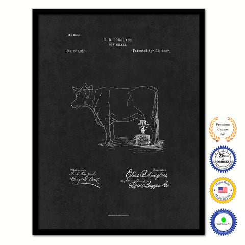 1887 Farming Cow Milker Vintage Patent Artwork Black Framed Canvas Home Office Decor Great for Farmer Milk Lover Cattle Rancher