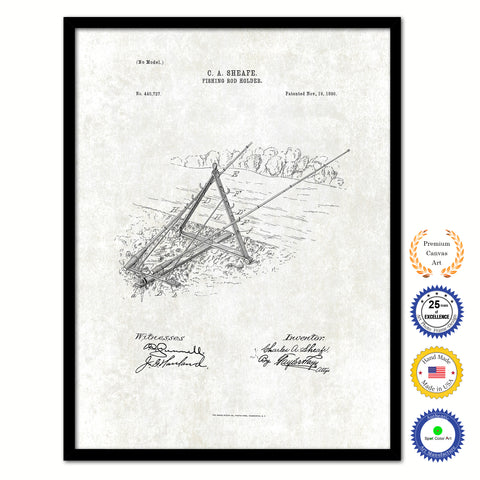 1890 Fishing Rod Holder Vintage Patent Artwork Black Framed Canvas Print Home Office Decor Great for Fisherman Cabin Lake House