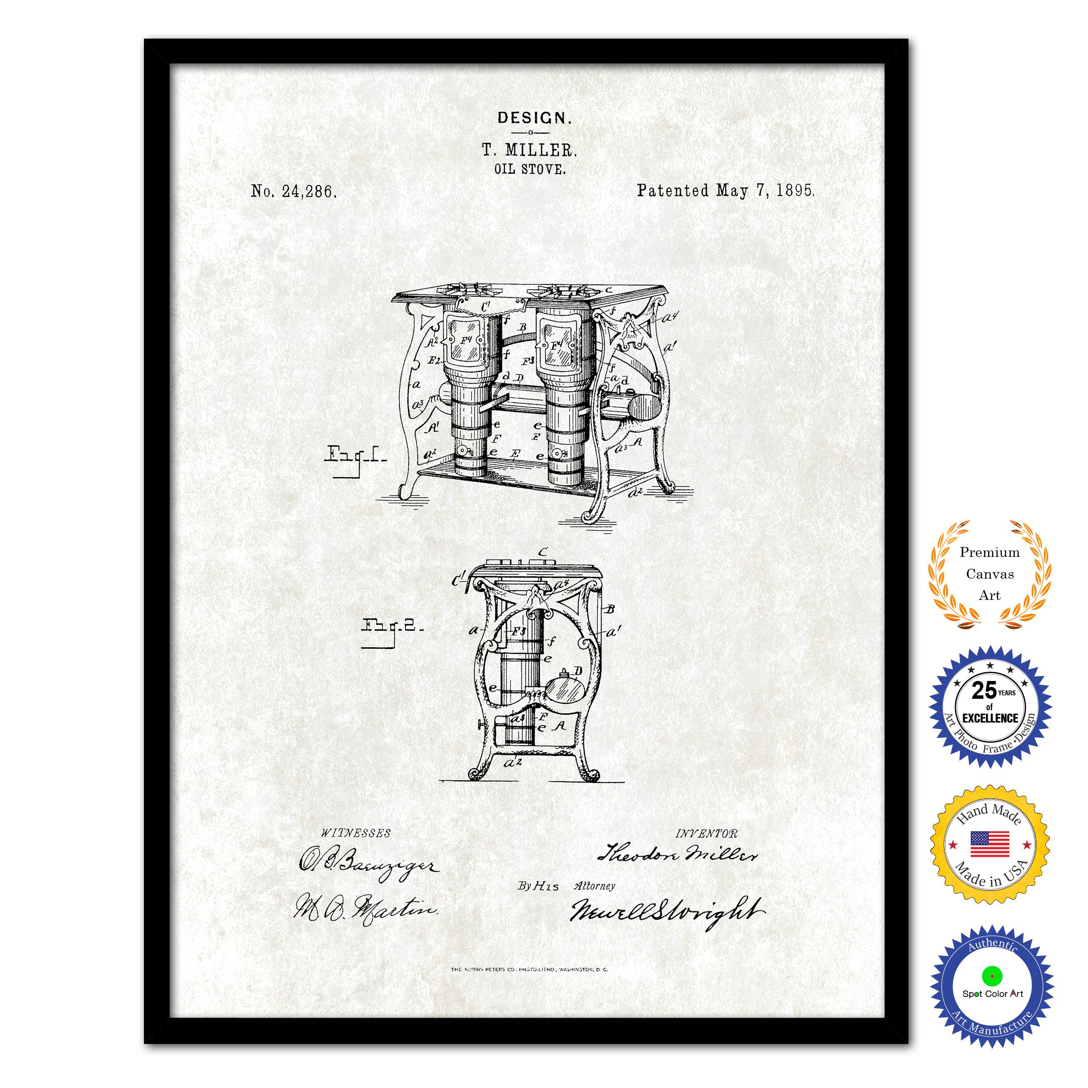 1895 Oil Stove Old Patent Art Print on Canvas Custom Framed Vintage Home Decor Wall Decoration Great for Gifts