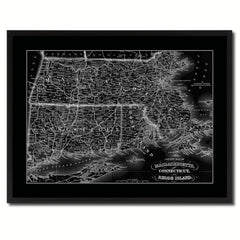 Massachusetts Connecticut Rhode Island Vintage Monochrome Map Canvas Print, Gifts Picture Frames Home Decor Wall Art