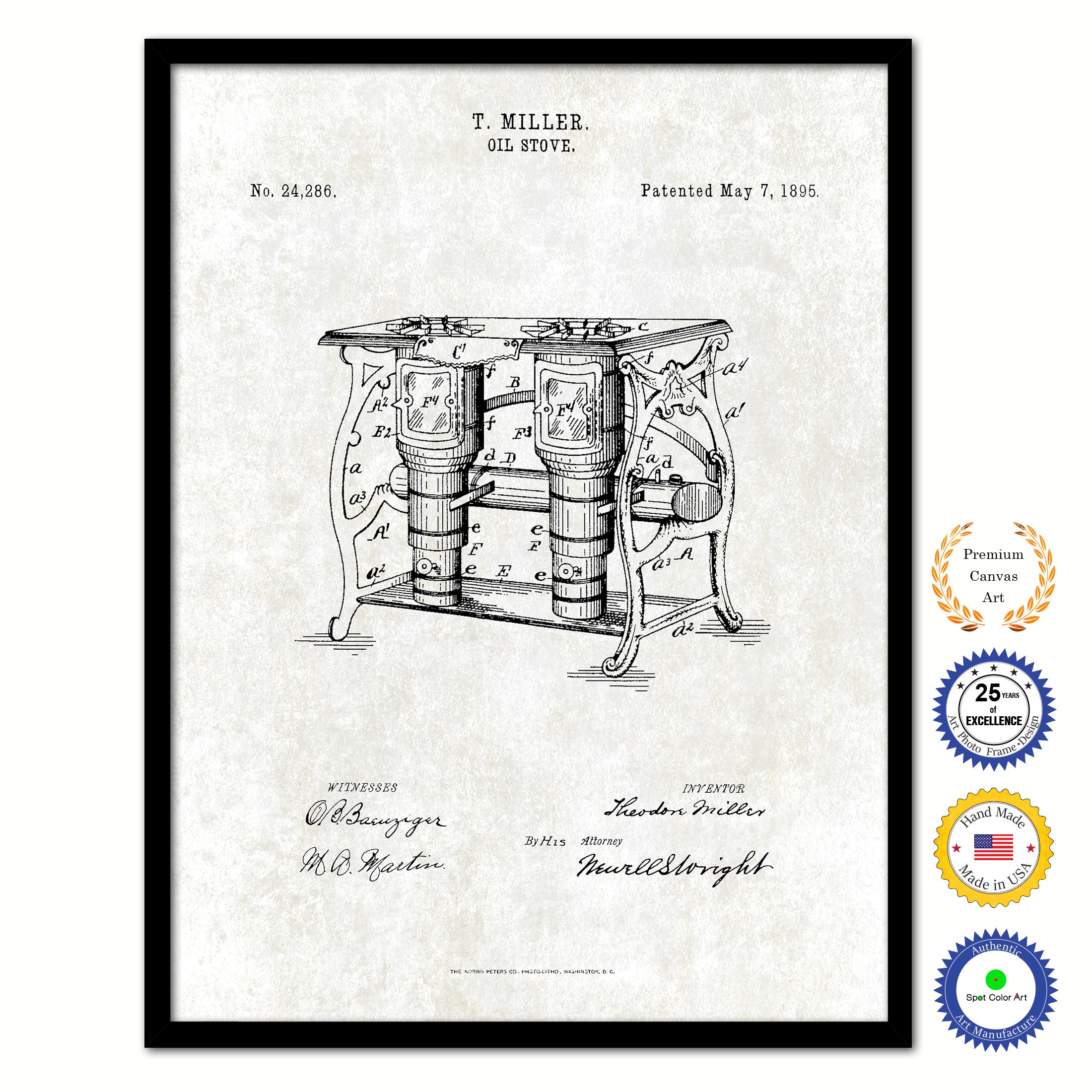 1895 Oil Stove Old Patent Art Print on Canvas Custom Framed Vintage Home Decor Wall Decoration Great for Gifts