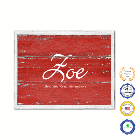 Zoe Name Plate White Wash Wood Frame Canvas Print Boutique Cottage Decor Shabby Chic