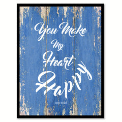 You make my heart happy - Emily Beckett Romantic Quote Saying Canvas Print with Picture Frame Home Decor Wall Art, Blue