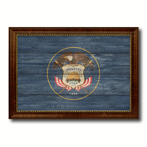 Utah State Flag Texture Canvas Print with Brown Picture Frame Gifts Home Decor Wall Art Collectible Decoration