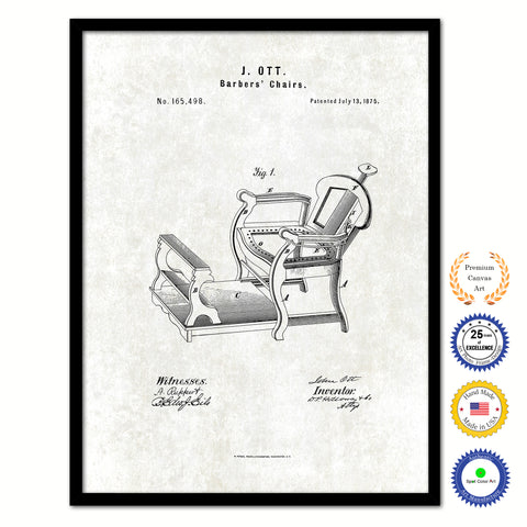 1875 Barbers Chairs Vintage Patent Artwork Black Framed Canvas Print Home Office Decor Great Gift for Barber Salon Hair Stylist