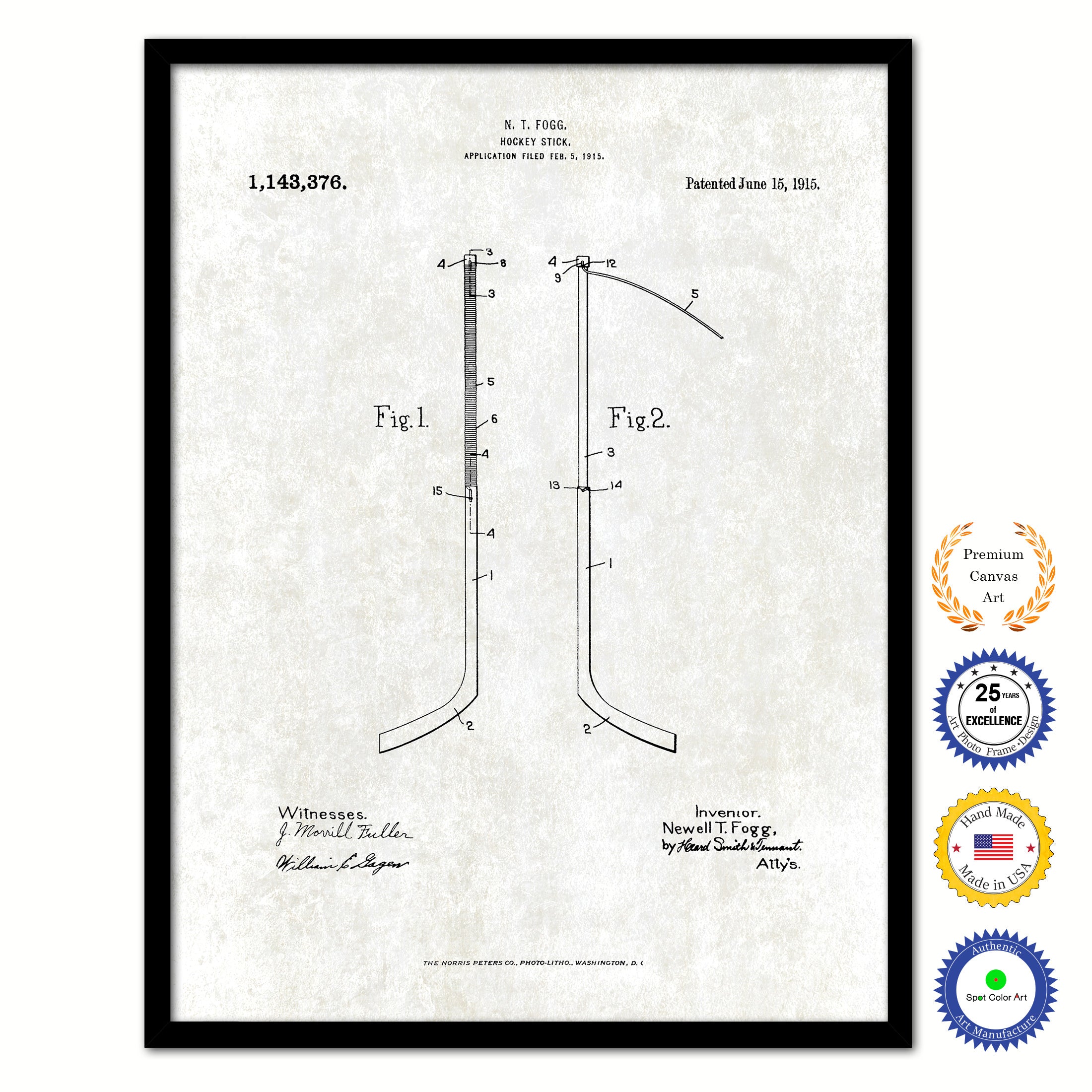 1915 Hockey Stick Old Patent Art Print on Canvas Custom Framed Vintage Home Decor Wall Decoration Great for Gifts