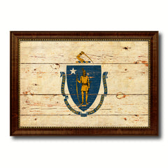Massachusetts State Vintage Flag Canvas Print with Brown Picture Frame Home Decor Man Cave Wall Art Collectible Decoration Artwork Gifts