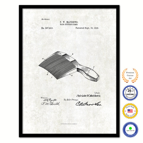 1896 Barber Hair Cutter's Comb Vintage Patent Artwork Black Framed Canvas Print Home Office Decor Great Gift for Barber Salon Hair Stylist