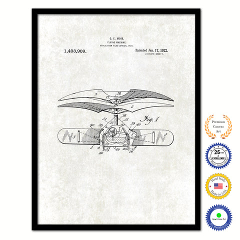 1922 Flying Machine Vintage Patent Artwork Black Framed Canvas Print Home Office Decor Great for Pilot Gift