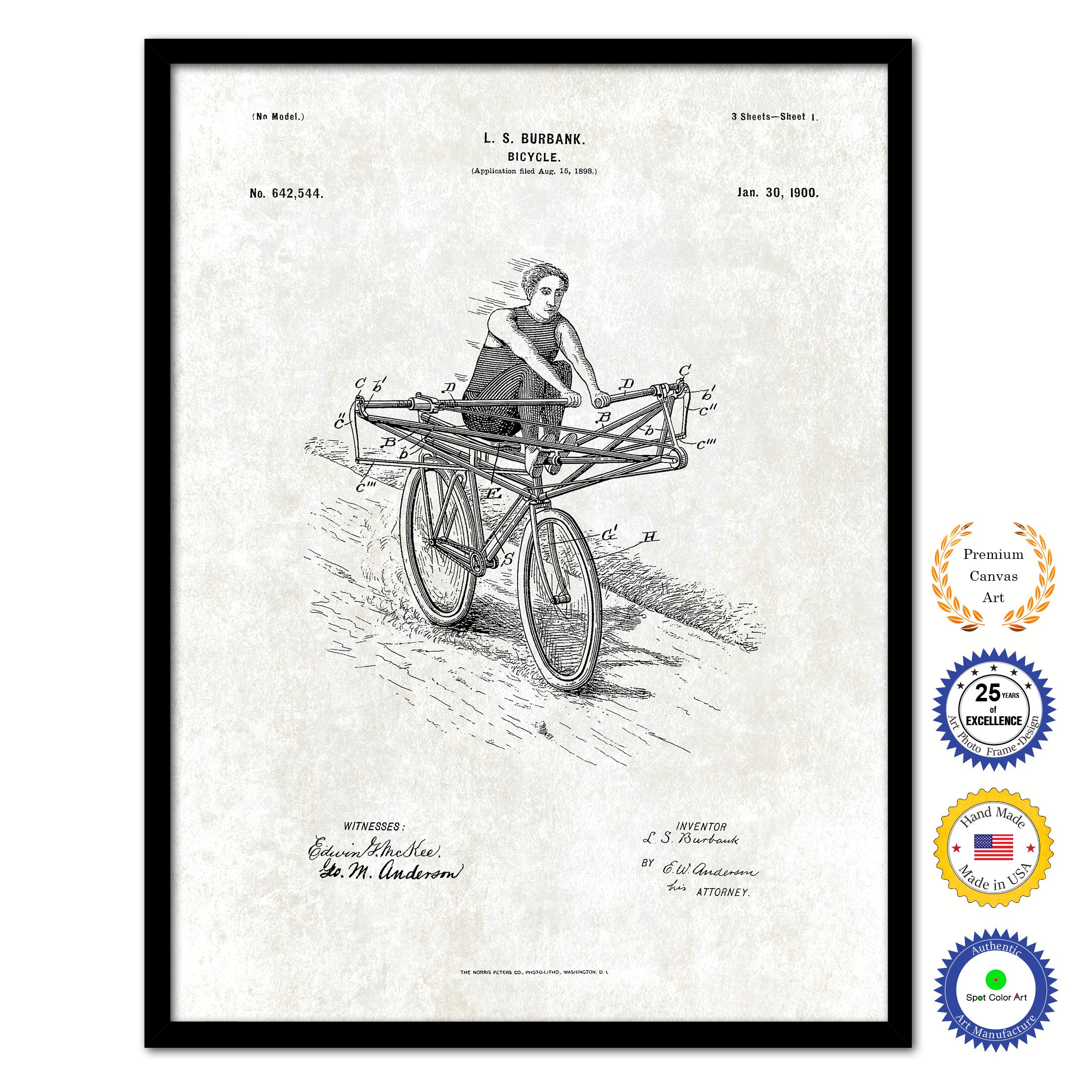 1900 Bicycle Old Patent Art Print on Canvas Custom Framed Vintage Home Decor Wall Decoration Great for Gifts