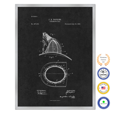 1889 Firefighter Fireman's Hat Antique Patent Artwork Silver Framed Canvas Home Office Decor Great for Firefighter Fireman Firewoman