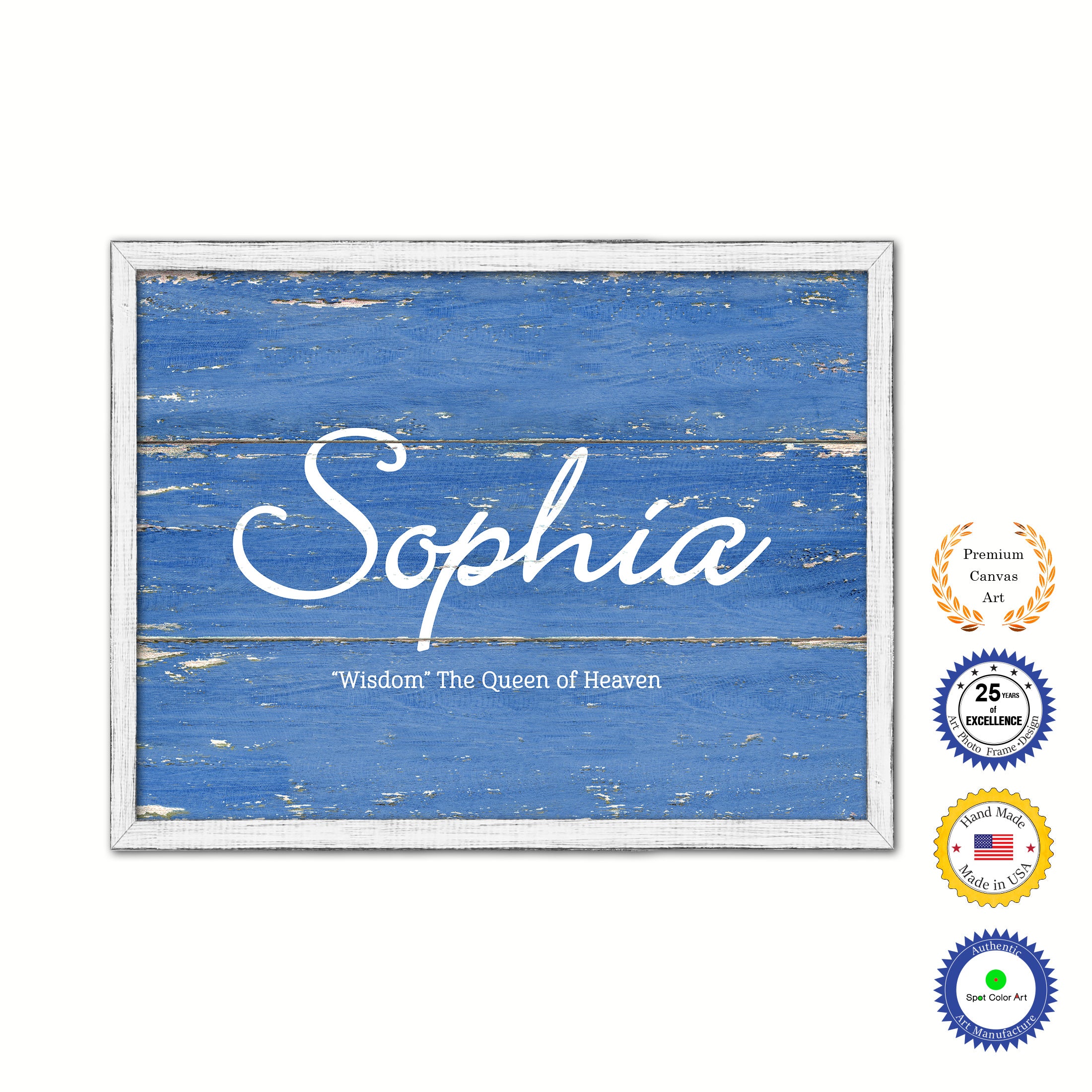 Sophia Name Plate White Wash Wood Frame Canvas Print Boutique Cottage Decor Shabby Chic