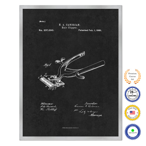 1881 Barber Hair Clipper Antique Patent Artwork Silver Framed Canvas Home Office Decor Great Gift for Barber Salon Hair Stylist