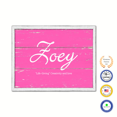 Zoey Name Plate White Wash Wood Frame Canvas Print Boutique Cottage Decor Shabby Chic