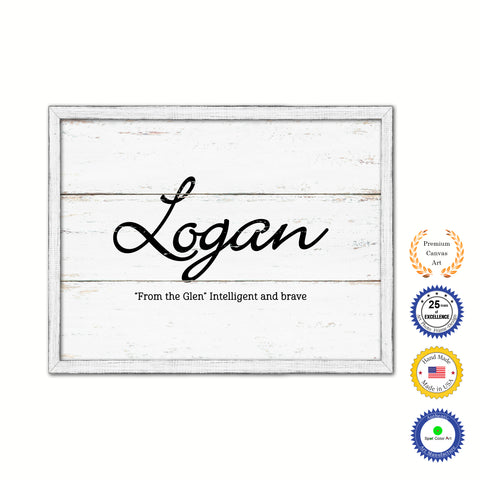 Logan Name Plate White Wash Wood Frame Canvas Print Boutique Cottage Decor Shabby Chic