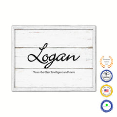 Logan Name Plate White Wash Wood Frame Canvas Print Boutique Cottage Decor Shabby Chic