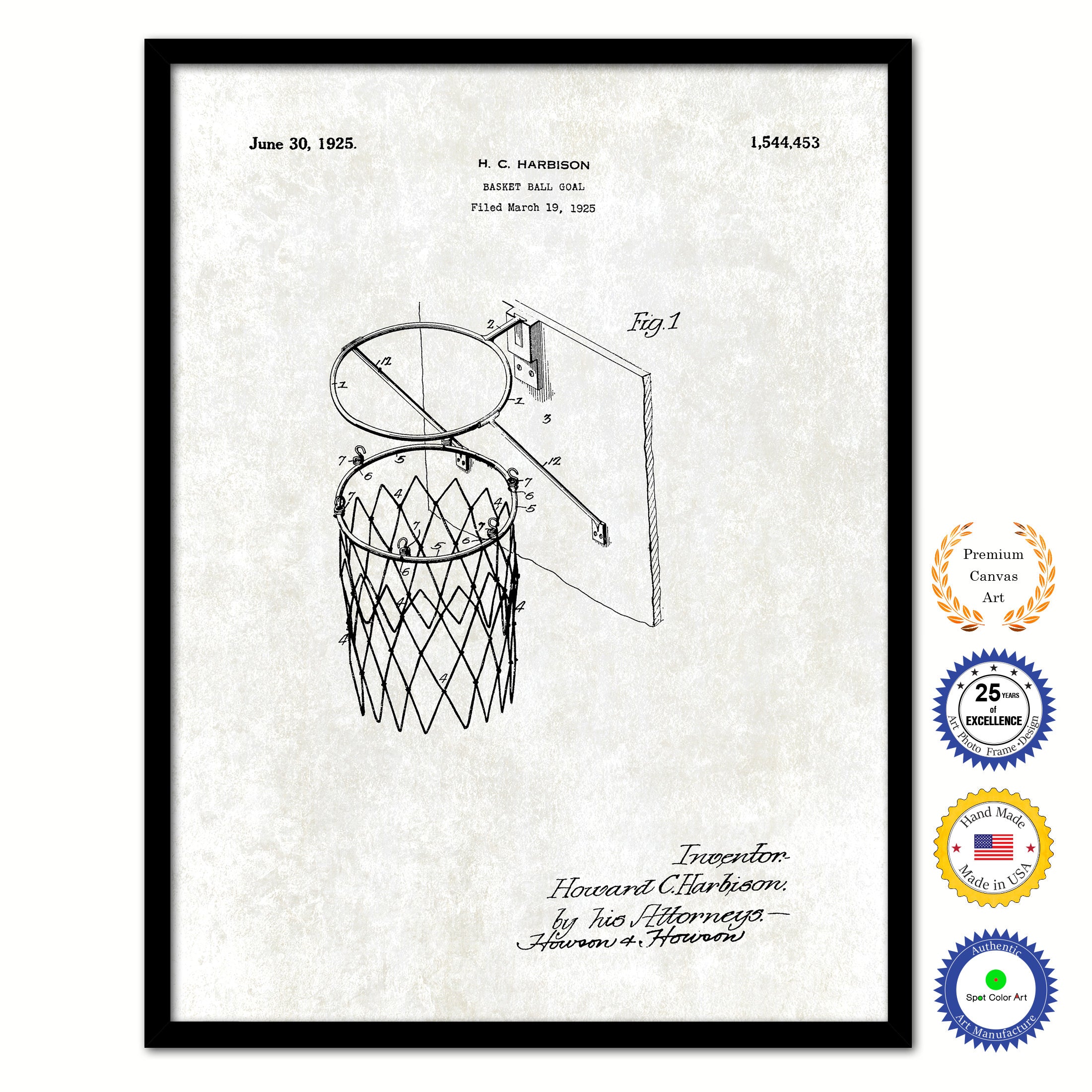 1925 Basketball Goal Old Patent Art Print on Canvas Custom Framed Vintage Home Decor Wall Decoration Great for Gifts