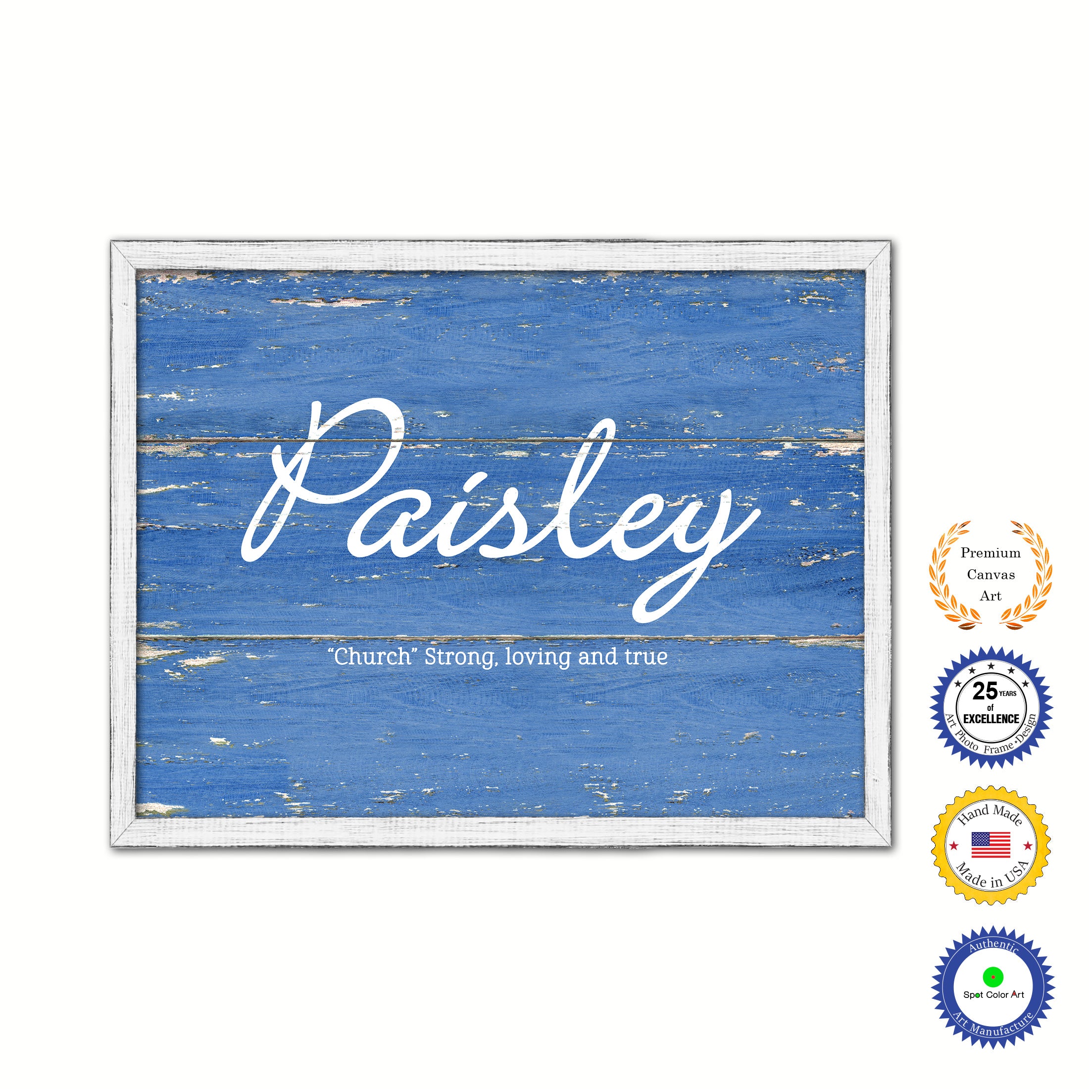 Paisley Name Plate White Wash Wood Frame Canvas Print Boutique Cottage Decor Shabby Chic