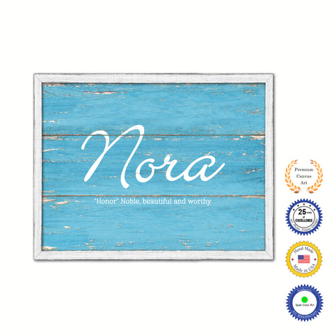 Nora Name Plate White Wash Wood Frame Canvas Print Boutique Cottage Decor Shabby Chic