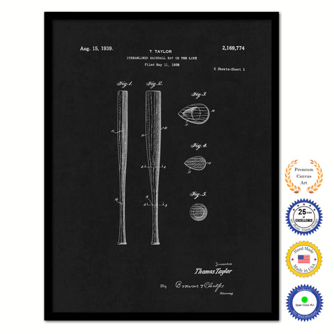 1939 Streamlined Baseball Bat Old Patent Art Print on Canvas Custom Framed Vintage Home Decor Wall Decoration Great for Gifts