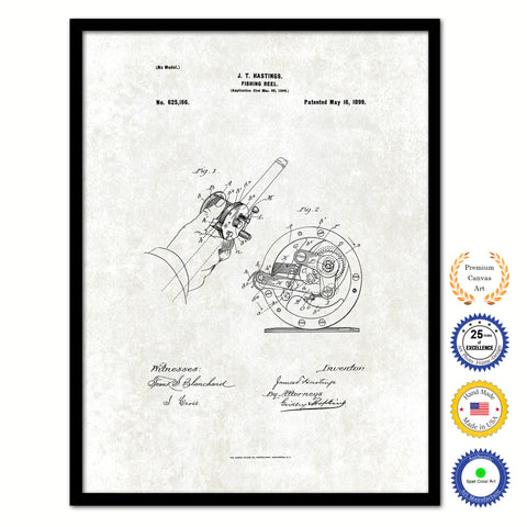 1899 Fishing Reel Vintage Patent Artwork Black Framed Canvas Print Home Office Decor Great for Fisherman Cabin Lake House