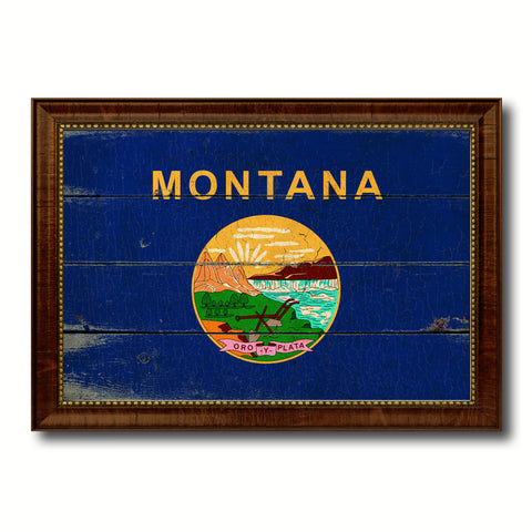 Montana State Vintage Flag Canvas Print with Brown Picture Frame Home Decor Man Cave Wall Art Collectible Decoration Artwork Gifts