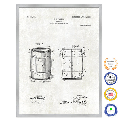 1906 Parker Wine Barrel Old Patent Art Print on Canvas Custom Framed Vintage Home Decor Wall Decoration Great for Gifts