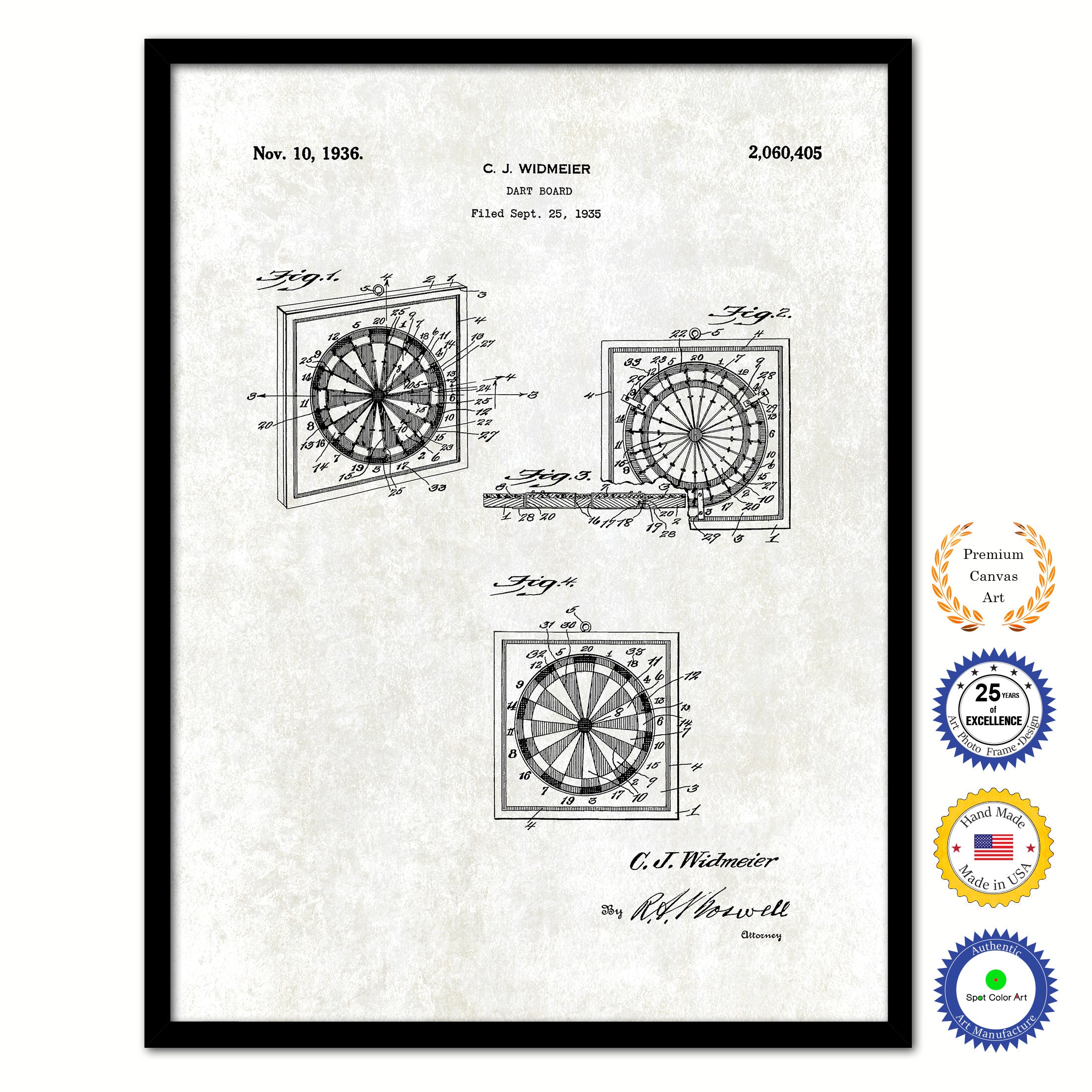 1936 Dart Board Old Patent Art Print on Canvas Custom Framed Vintage Home Decor Wall Decoration Great for Gifts