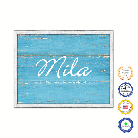 Mila Name Plate White Wash Wood Frame Canvas Print Boutique Cottage Decor Shabby Chic