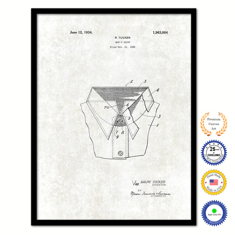 1934 Man's Shirt Clothes Vintage Patent Artwork Black Framed Canvas Print Home Office Decor Great for Fashion Designer