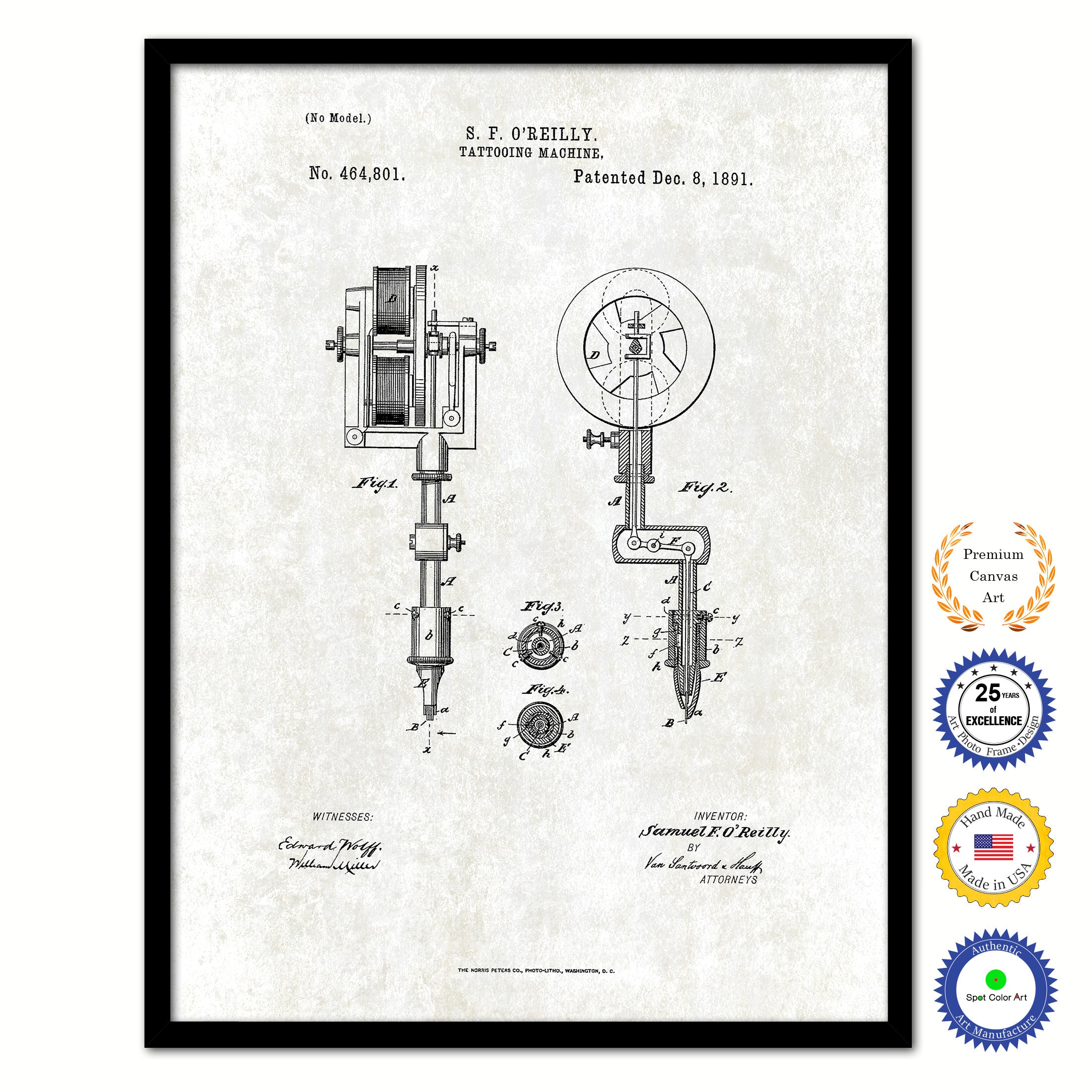 1891 Tattooing Machine Old Patent Art Print on Canvas Custom Framed Vintage Home Decor Wall Decoration Great for Gifts