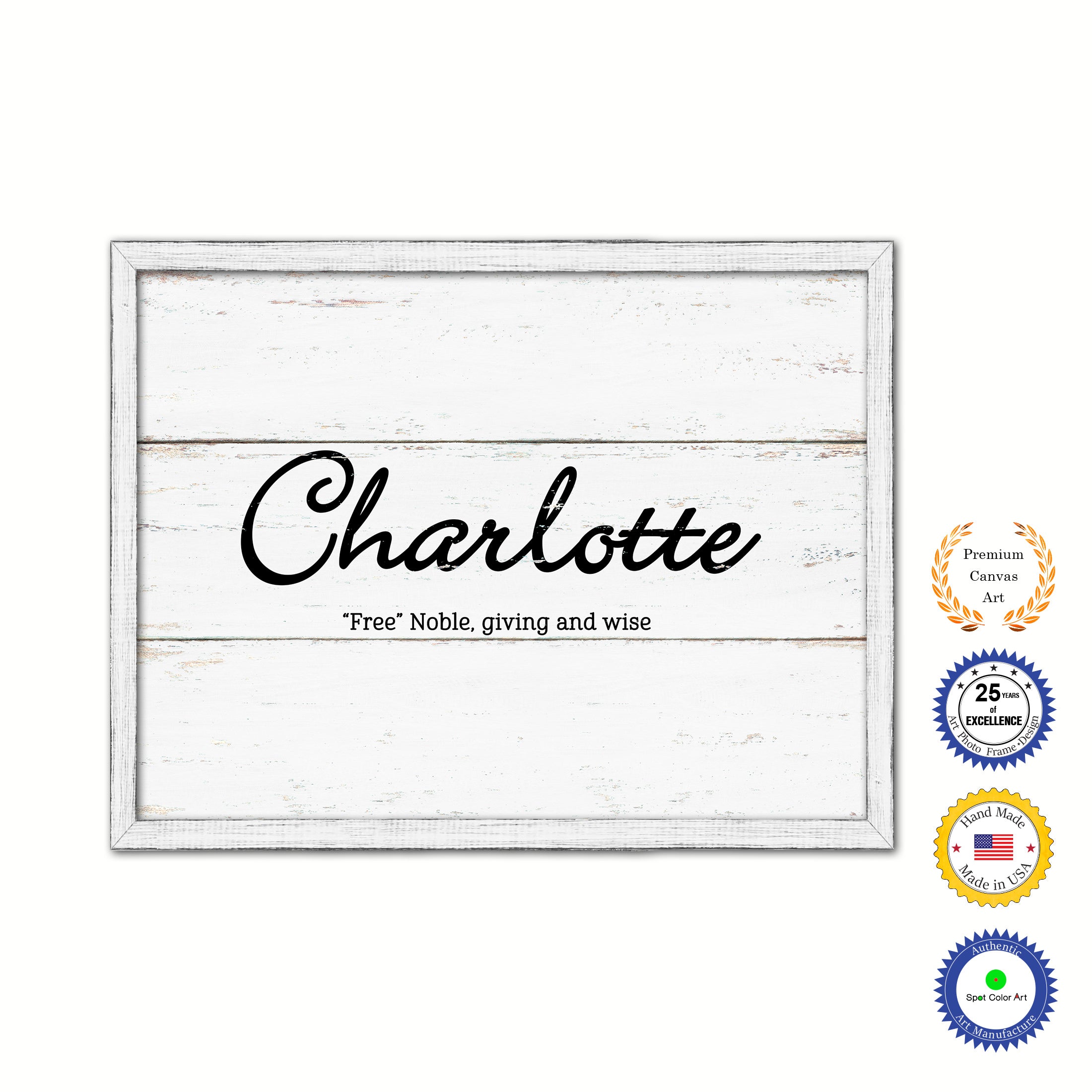 Charlotte Name Plate White Wash Wood Frame Canvas Print Boutique Cottage Decor Shabby Chic