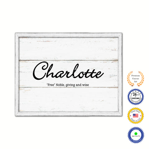 Charlotte Name Plate White Wash Wood Frame Canvas Print Boutique Cottage Decor Shabby Chic