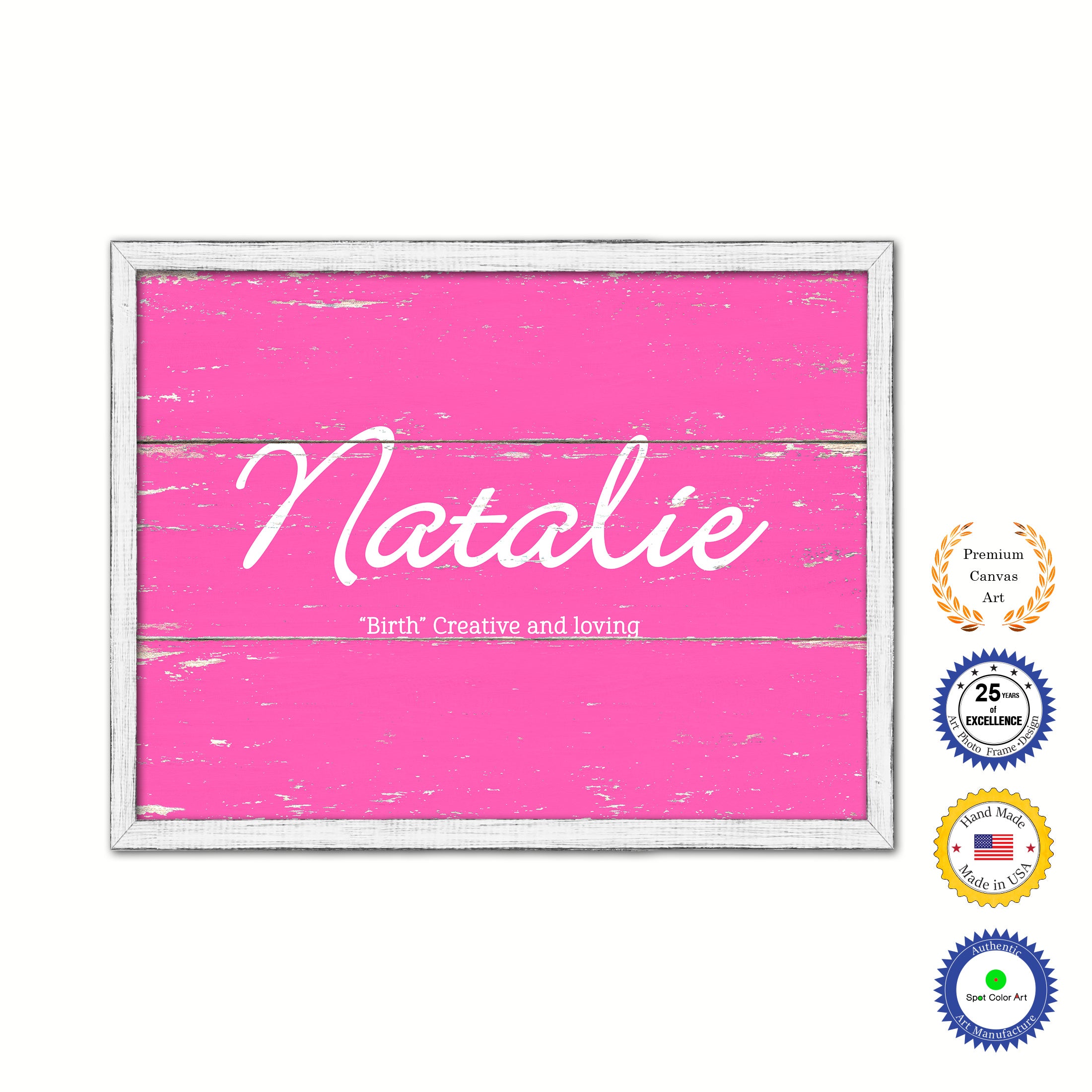 Natalie Name Plate White Wash Wood Frame Canvas Print Boutique Cottage Decor Shabby Chic