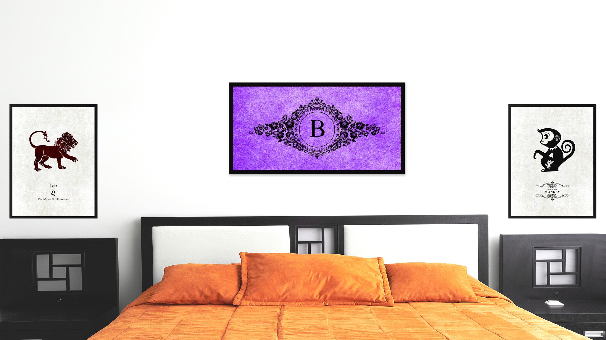 Alphabet Letter B Purple Canvas Print, Black Custom Frame