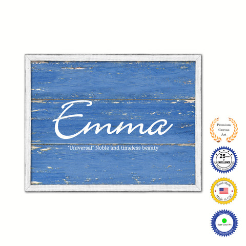 Emma Name Plate White Wash Wood Frame Canvas Print Boutique Cottage Decor Shabby Chic