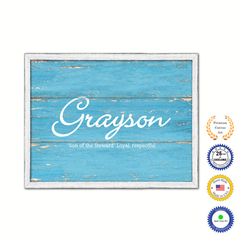 Grayson Name Plate White Wash Wood Frame Canvas Print Boutique Cottage Decor Shabby Chic