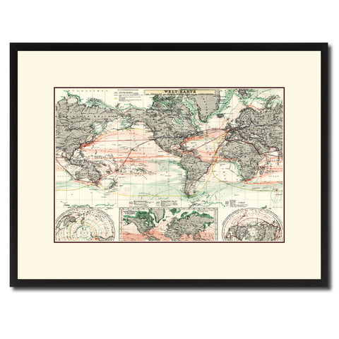 World Ocean Currents Vintage Antique Map Wall Art Home Decor Gift Ideas Canvas Print Custom Picture Frame