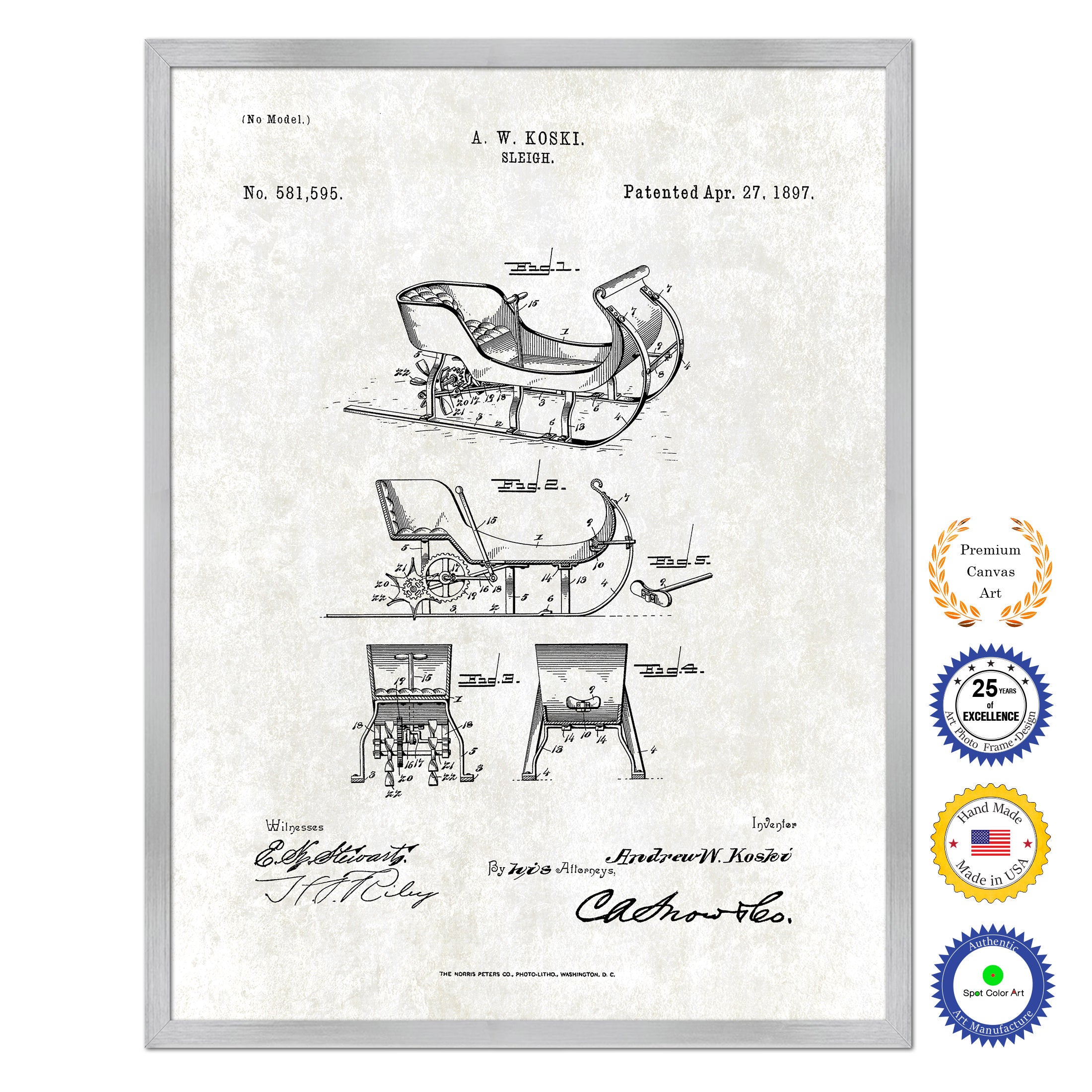 1897 Sleigh Old Patent Art Print on Canvas Custom Framed Vintage Home Decor Wall Decoration Great for Gifts
