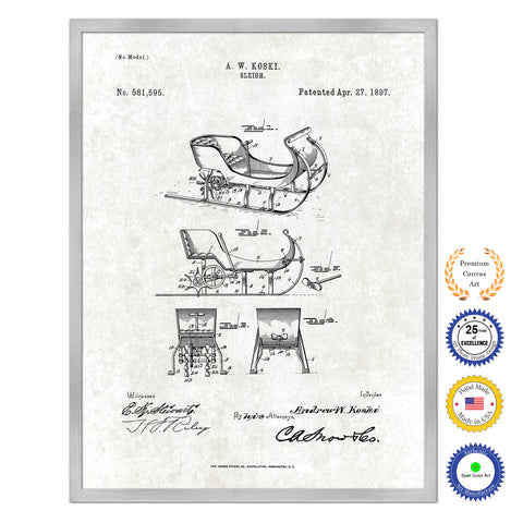 1897 Sleigh Old Patent Art Print on Canvas Custom Framed Vintage Home Decor Wall Decoration Great for Gifts