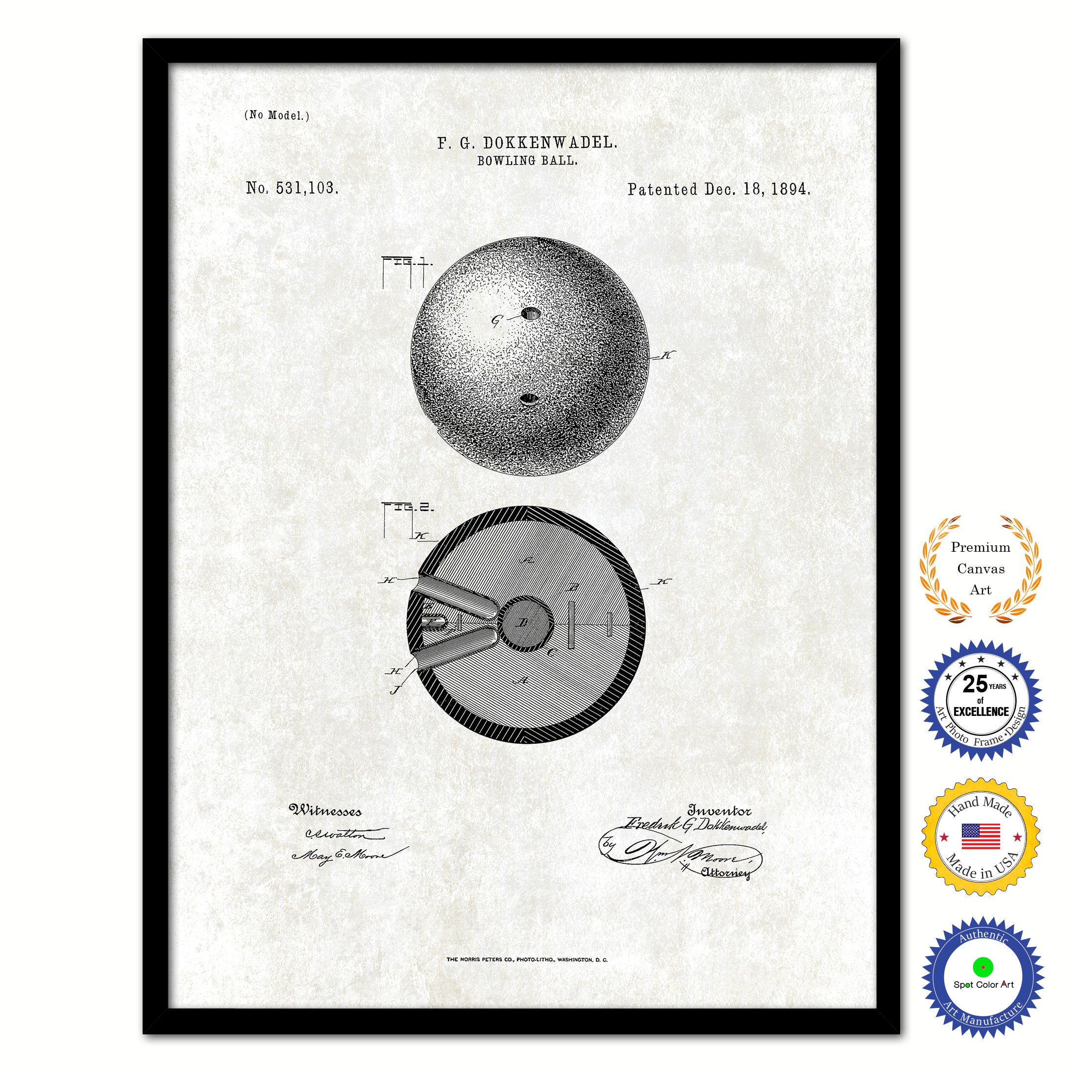 1894 Bowling  Ball Old Patent Art Print on Canvas Custom Framed Vintage Home Decor Wall Decoration Great for Gifts